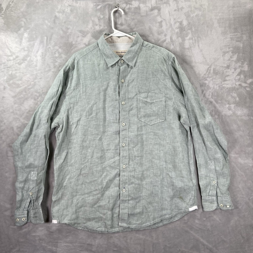 Tommy Bahama Shirt Mens Large Button Up 100% Linen Long Sleeve Coastal Green